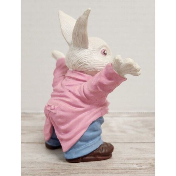 Vintage Easter Bunny Figurine Rabbit Statue 4" Pink Jacket Blue Pants Brown Shoe - Picture 4 of 11